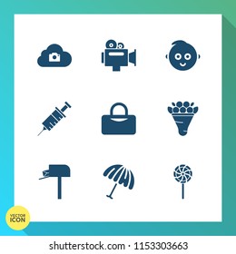Modern, simple vector icon set on gradient background with candy, photo, camera, cloud, handle, sign, food, child, medical, protection, film, dentist, decoration, floral, equipment, web, cute icons