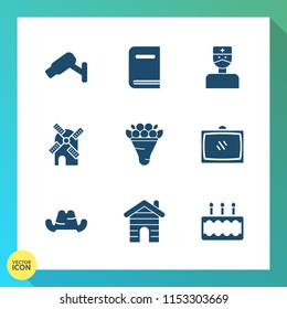 Modern, simple vector icon set on gradient background with power, mill, dessert, cake, fashion, textbook, literature, security, decoration, pie, education, real, energy, library, sign, book, tv icons