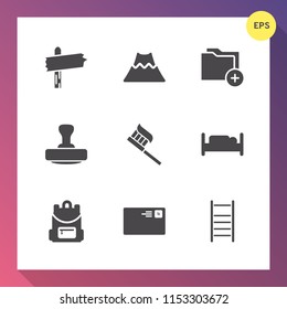 Modern, simple vector icon set on gradient background with eruption, choice, double, lava, active, document, travel, stamp, storage, file, mark, bed, letter, road, direction, mountain, nature icons