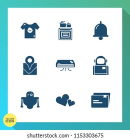 Modern, simple vector icon set on gradient background with baby, conditioner, boy, travel, clothes, futuristic, small, child, cooking, space, paper, heart, clothing, location, science, cosmonaut icons