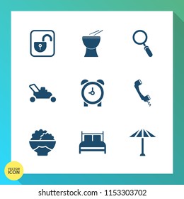 Modern, simple vector icon set on gradient background with umbrella, white, phone, web, clock, sound, lawn, culture, percussion, open, communication, wagasa, instrument, padlock, unlock, mower icons