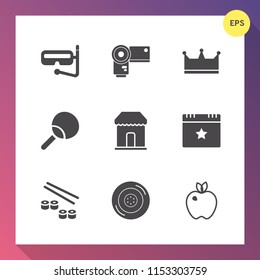 Modern, simple vector icon set on gradient background with beach, table, celebration, sport, sale, photo, camera, fish, lens, leisure, mask, sushi, japan, healthy, apple, automobile, sign, food icons