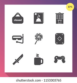 Modern, simple vector icon set on gradient background with fork, home, knife, poker, concept, house, drink, business, button, play, sweet, candy, sport, summer, joystick, closed, game, menu, red icons