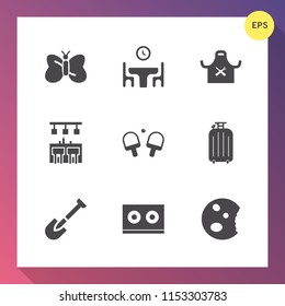 Modern, simple vector icon set on gradient background with restaurant, wing, home, construction, sweet, bag, time, travel, family, tool, graphic, doughnut, shovel, kitchen, white, nature, beauty icons