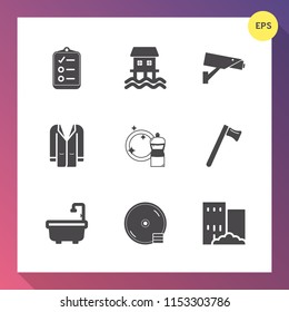 Modern, simple vector icon set on gradient background with houseboat, digital, list, disk, cleaner, real, fashion, guard, sign, security, business, transport, house, jacket, hammer, checklist icons