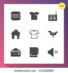 Modern, simple vector icon set on gradient background with mail, style, house, equipment, burger, estate, hamburger, mute, textile, male, radio, kid, notepad, envelope, food, shirt, notebook icons