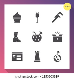 Modern, simple vector icon set on gradient background with chess, menu, industrial, dessert, pastry, pack, earth, tool, glass, bucket, container, repair, nature, cardboard, strategy, food, ice icons