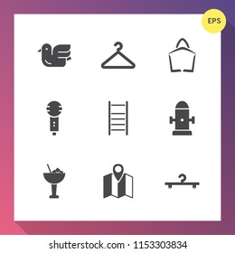 Modern, simple vector icon set on gradient background with hanger, bar, road, clothing, cocktail, singer, drink, bird, water, white, safety, location, map, voice, buy, bag, flight, microphone,  icons