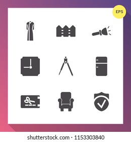 Modern, simple vector icon set on gradient background with refrigerator, furniture, metal, object, instrument, geometry, clothes, discount, security, hour, fence, price, light, template, coupon icons