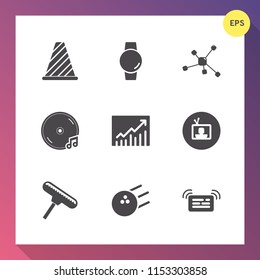 Modern, simple vector icon set on gradient background with atom, pin, note, notification, white, brush, trend, audio, road, sport, device, screen, roller, graph, technology, paint, business, fun icons