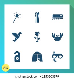 Modern, simple vector icon set on gradient background with camp, sport, crab, nature, conditioner, cold, adventure, origami, privacy, fun, conditioning, clothes, art, floral, travel, wand, tent icons