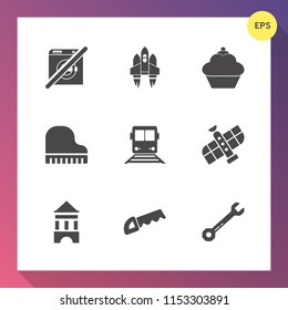 Modern, simple vector icon set on gradient background with space, food, orbit, transportation, hammer, travel, equipment, bakery, black, saw, spaceship, tower, cake, wash, science, sign, rocket icons