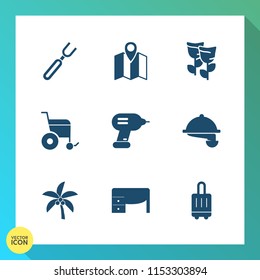 Modern, simple vector icon set on gradient background with gps, kitchen, travel, summer, office, map, blossom, road, waitress, food, white, leaf, business, floral, knife, meal, dinner, baggage icons
