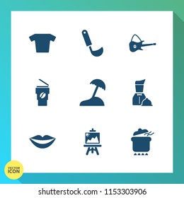 Modern, simple vector icon set on gradient background with guitar, beach, meal, kitchen, clothes, art, soup, drink, restaurant, dinner, teeth, shirt, rock, drawing, pot, waiter, coffee, t-shirt icons