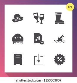 Modern, simple vector icon set on gradient background with technology, drink, bedroom, bottle, music, bed, science, alcohol, winery, invasion, sign, download, space, furniture, price, monster icons