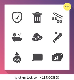 Modern, simple vector icon set on gradient background with rubbish, box, ufo, baby, container, sport, salmon, shower, pollution, speech, waste, japan, talk, equipment, spacecraft, bath, baseball icons