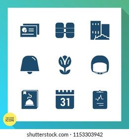 Modern, simple vector icon set on gradient background with time, medical, construction, chart, city, cylinder, floral, belt, valve, calendar, sign, estate, home, equipment, schedule, heart, menu icons