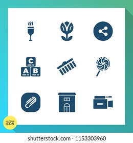 Modern, simple vector icon set on gradient background with collection, glass, childhood, stroke, paper, wine, kid, microphone, estate, toy, television, nature, restaurant, spring, child, red icons