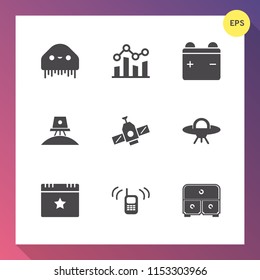 Modern, simple vector icon set on gradient background with event, technology, alien, astronaut, extraterrestrial, profit, monster, star, up, energy, creature, planet, phone, ufo, astronomy, full icons