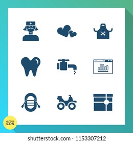 Modern, simple vector icon set on gradient background with website, head, doctor, faucet, health, love, background, sink, extreme, dental, healthy, bike, sign, heart, medical, water, food, boat icons