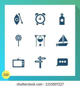 Modern, simple vector icon set on gradient background with chat, kayak, direction, travel, technology, bonfire, boat, alarm, minute, beverage, canoeing, food, activity, drink, tv, time, timer icons