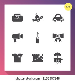 Modern, simple vector icon set on gradient background with tower, accessory, medicine, van, planet, equipment, science, laboratory, communication, fashion, shirt, satellite, bow, travel, vehicle icons
