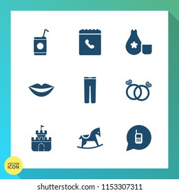 Modern, simple vector icon set on gradient background with cute, wedding, plastic, baby, white, drink, engagement, phone, glass, internet, beverage, clothing, clothes, ring, japanese, toy, japan icons