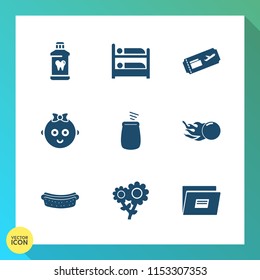 Modern, simple vector icon set on gradient background with food, hotdog, toothbrush, kid, trip, paper, baby, paste, spring, health, percussion, sausage, musical, nature, air, floral, child, file icons