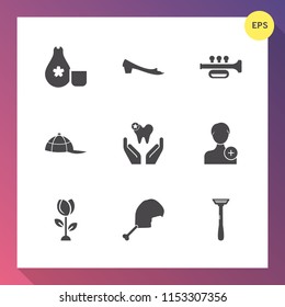 Modern, simple vector icon set on gradient background with cap, white, trumpet, fish, dentist, sign, style, meal, health, nature, clothing, member, sake, razor, account, fashion, sound, sushi icons