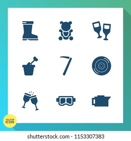 Modern, simple vector icon set on gradient background with coffee, style, wine, foot, caffeine, wear, hammer, leather, spanner, alcohol, child, tire, car, drink, mask, wineglass, red, bottle icons