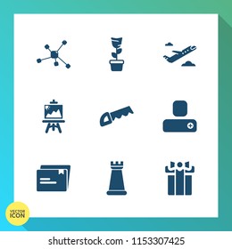 Modern, simple vector icon set on gradient background with airplane, file, travel, strategy, box, artist, plane, chess, green, gift, paper, interior, saw, work, structure, sign, game, white, pot icons