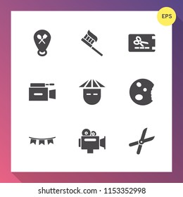 Modern, simple vector icon set on gradient background with microphone, garden, gardening, dessert, background, brush, care, flag, holiday, clean, asian, health, pointer, video, map, paste, cut icons