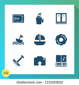 Modern, simple vector icon set on gradient background with currency, food, safe, note, autumn, cup, photo, ocean, dessert, cake, tea, beverage, modern, rake, drink, musical, sailboat, vessel icons