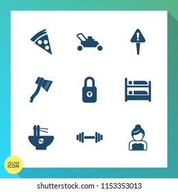 Modern, simple vector icon set on gradient background with bride, tool, work, mover, couple, lawnmower, grass, cut, key, safety, security, mower, lunch, pizza, love, hazard, danger, mark, lock icons