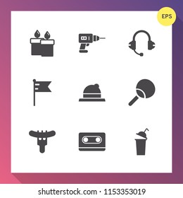 Modern, simple vector icon set on gradient background with flag, leisure, speaker, cup, decoration, nation, food, tennis, machine, music, flame, construction, america, microphone, beverage, hand icons