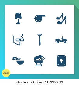 Modern, simple vector icon set on gradient background with cooking, whistle, play, barbecue, fashion, beauty, scuba, high, lamp, dinner, lady, modern, glass, white, home, light, equipment, car icons