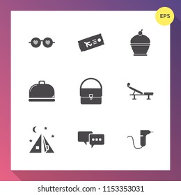 Modern, simple vector icon set on gradient background with fashion, delicious, sweet, tourism, seat, restaurant, sunglasses, airline, airplane, talk, tent, glasses, travel, bubble, pastry, sugar icons