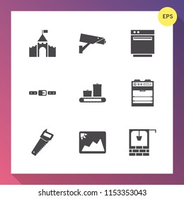 Modern, simple vector icon set on gradient background with surveillance, digital, stove, well, medieval, car, fasten, belt, cooking, protection, photo, tower, gas, appliance, work, stone, seat icons