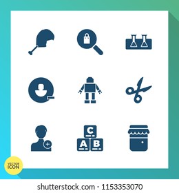Modern, simple vector icon set on gradient background with chemistry, food, user, casual, kid, account, tool, clothing, science, bird, human, meat, biology, woman, searching, add, technology icons