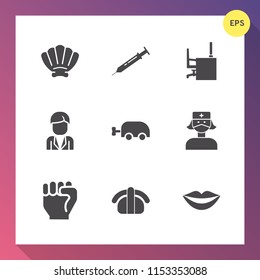 Modern, simple vector icon set on gradient background with nature, medical, teeth, concept, seashell, computer, carriage, tool, sushi, white, japan, table, sea, equipment, hand, salmon, male icons