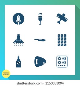 Modern, simple vector icon set on gradient background with alcohol, sound, beverage, home, red, flight, voice, bottle, cook, winery, cooking, music, glass, drink, record, transport, dessert, gas icons