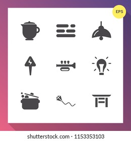 Modern, simple vector icon set on gradient background with summer, teapot, tea, cup, sound, power, joy, instrument, cook, fun, kitchen, japanese, lamp, energy, bulb, sky, web, table, light, text icons