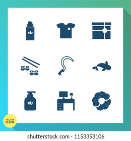 Modern, simple vector icon set on gradient background with tool, table, japan, office, cosmetic, cake, aroma, bow, clothing, product, style, white, soap, fish, new, business, seafood, perfume icons