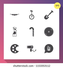 Modern, simple vector icon set on gradient background with tool, ringing, disk, candy, gem, lollipop, bicycle, art, blow, sweet, construction, dryer, shovel, necklace, cleaning, hammer, care, cd icons