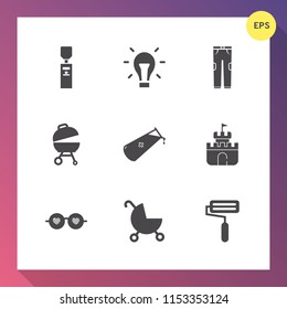 Modern, simple vector icon set on gradient background with meat, gallon, fashion, purified, science, toy, hippie, food, bulb, roll, pants, white, child, sunglasses, lamp, clothing, object, power icons