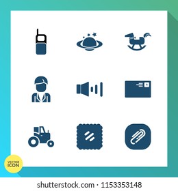 Modern, simple vector icon set on gradient background with night, planet, universe, telephone, farm, internet, duck, letter, call, mail, male, globe, stamp, nature, sound, baby, volume, phone icons
