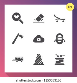 Modern, simple vector icon set on gradient background with hammer, fashion, lifestyle, rubber, erase, sound, bus, travel, instrument, transportation, photo, female, eraser, cloud, speed, sign icons