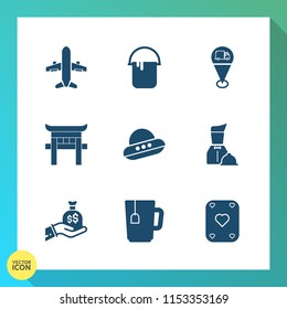 Modern, simple vector icon set on gradient background with travel, cup, house, marker, paint, man, map, space, wall, finance, plane, work, asia, game, japan, flight, color, painter, bag, play icons