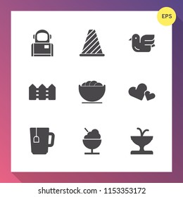 Modern, simple vector icon set on gradient background with flight, dish, heart, road, drink, icecream, wildlife, romance, tea, wooden, black, bird, astronomy, fence, white, valentine, astronaut icons