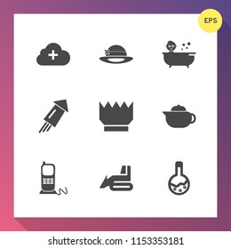 Modern, simple vector icon set on gradient background with festival, queen, baby, drink, phone, crown, telephone, tea, equipment, cap, communication, add, medicine, web, firework, industry, king icons
